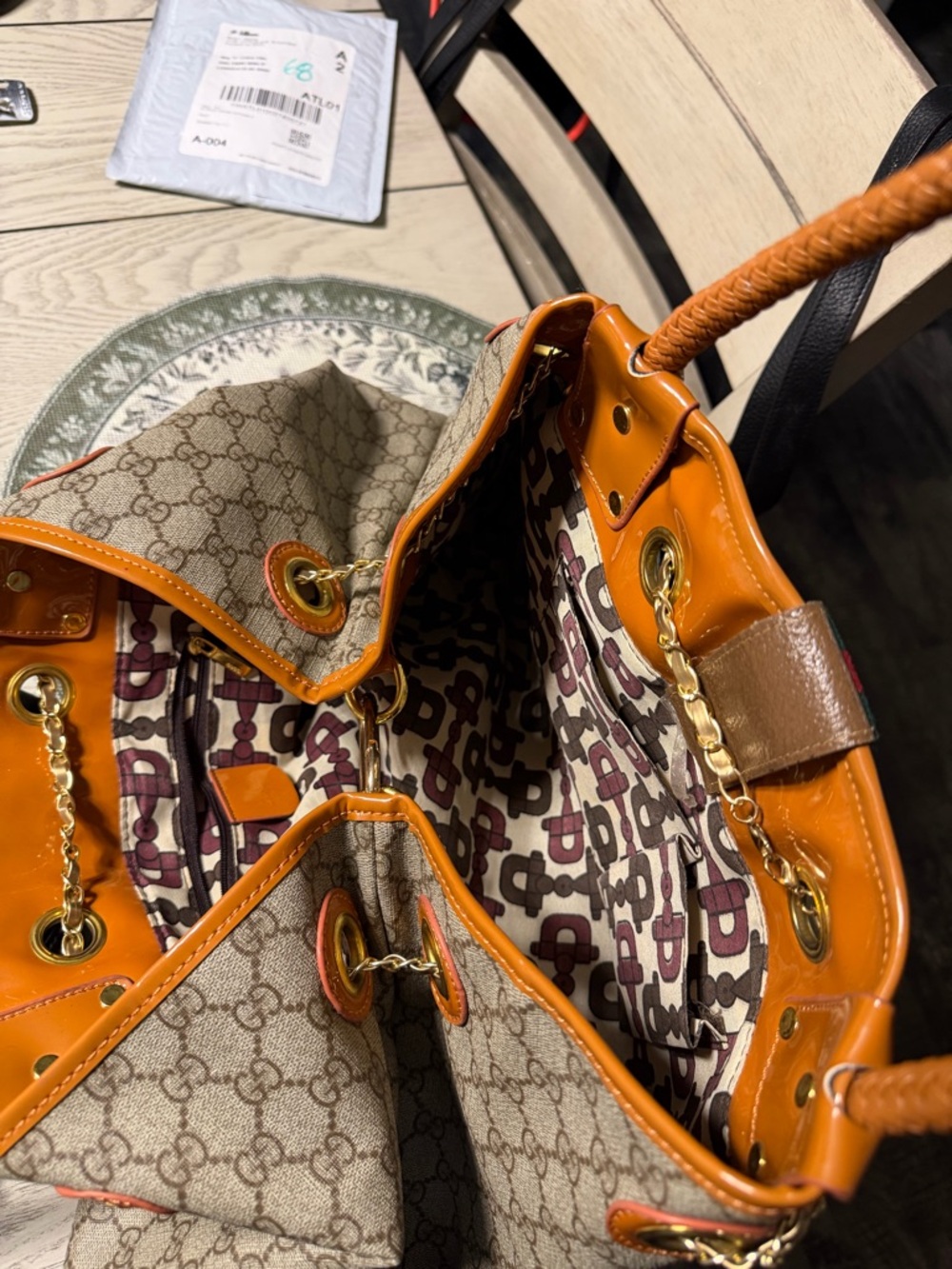 Gucci Beige Monogram Tote with Tan Leather and Signature Web Stripe - Picture 4 of 5